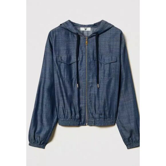 TwinSet Milano Chambray hoodie with zip Blue Denim - Picture 1 of 7